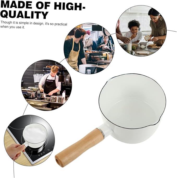 Cabilock Small Enamel Pot: 3 Inch Milk Warmer Pan with Dual Pour Spout, Butter Melting Pot Milk with Wooden Handle, Dishwasher Safe White Soup Saucepan Pan