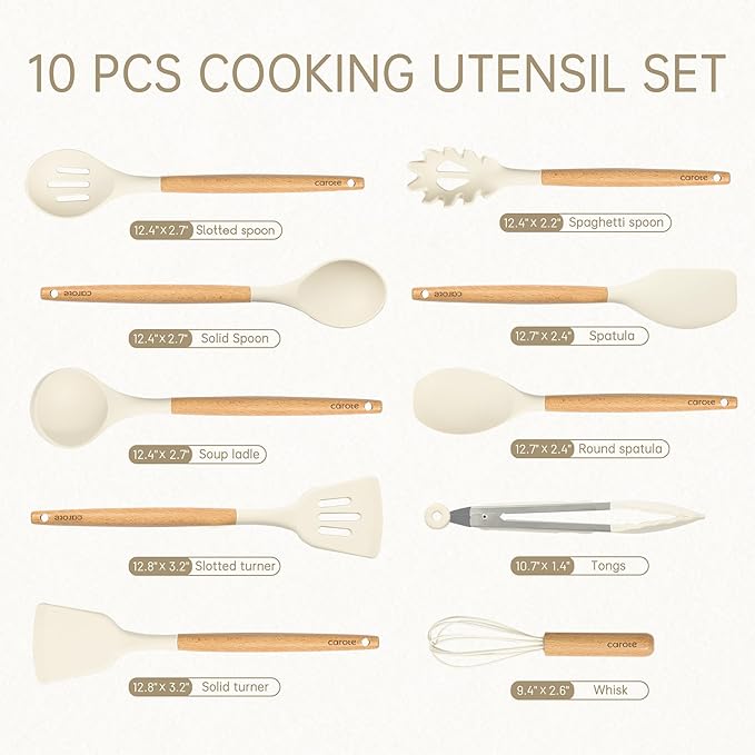 CAROTE Silicone Cooking Utensils Set, Kitchen Utensils Set 10 Pcs for cooking, BPA Free Spatula Set with Heat Resistant Wood Handles for Nonstick Cookware (Cream White)