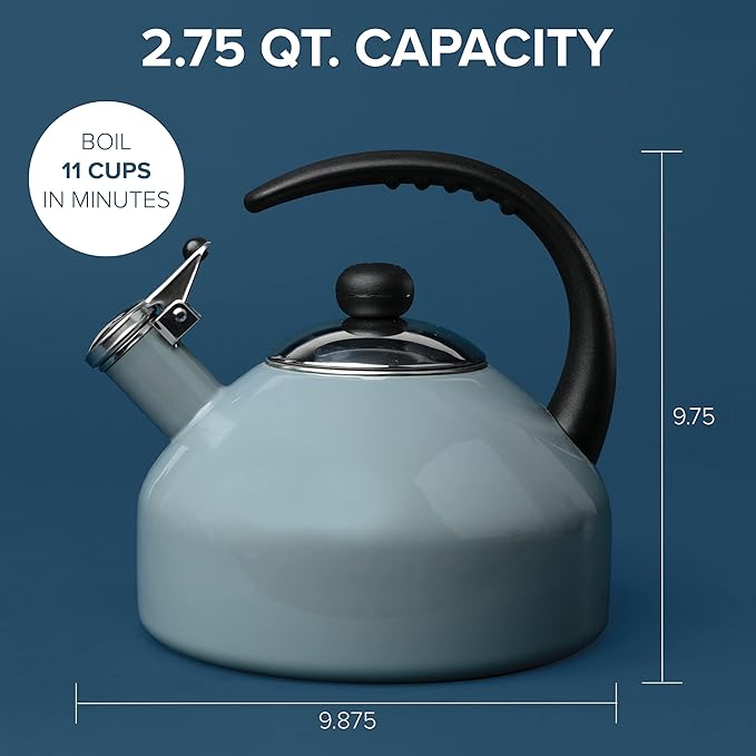Farberware Omega Tea Kettle, Whistling Tea Pot, Works For All Stovetops, Porcelain Enamel on Carbon Steel, BPA-Free, Rust-Proof, Stay Cool Handle, 2.75 quart (11 cups) Capacity(Gray)