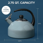 Farberware Omega Tea Kettle, Whistling Tea Pot, Works For All Stovetops, Porcelain Enamel on Carbon Steel, BPA-Free, Rust-Proof, Stay Cool Handle, 2.75 quart (11 cups) Capacity(Gray)