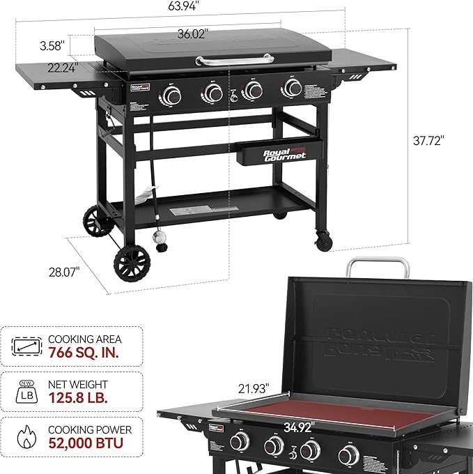 Royal Gourmet GB4000P 4 Burner Propane Gas Griddle with Hard Cover and Foldable Side Tables, 35-Inch Flat Top Grill with 766 Sq. In. Cooking Area for Backyard and Tailgating, Black