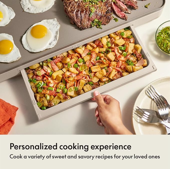 bella 12" x 22" Electric Griddle with Warming Tray, EverGood™ Ceramic Nonstick Coating & Removable Temperature Probe, Dishwasher-Safe Drip Tray & Cool Touch Handles, 1500 Watt, Oatmilk