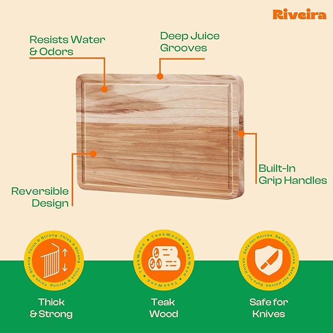 Riveira Teak Wood Cutting Board – Gourmet Teak Grandeur: 15 x 10 Wooden Cutting Board – Natural Wooden Cutting Boards For Kitchen Decorative – Innovative Juice Grooves Teak Wooden Chopping Board