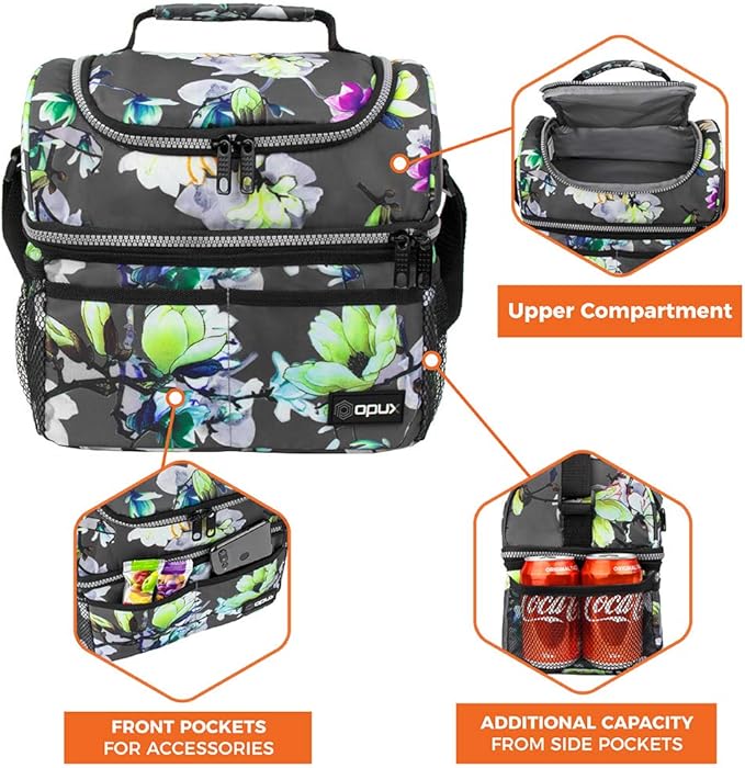 OPUX Lunch Box For Women, Insulated Large Lunch Bag Adult Work, Double Decker Lunchbox Meal Prep, Dual Compartment Leakproof Lunch Cooler, Lunch Pail Tote for Girls Kids School, Floral Gray 16 Cans