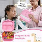 Bento Lunch Box with Thermo, 4-Compartment Bento Box with Adjustable Dividers, Leakproof Dinosaur Lunch Box with 14.2OZ Insulated Food Jar & Sauce Jar, for School Office Travel(Pink)
