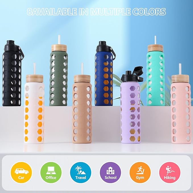 MUKOKO Glass Water Bottles, 32oz Glass Tumbler with Straw, Drinking Bottles with 2 Lids-Handle Spout Lid&Bamboo Straw Lid, Motivational Water Bottle with Time Marker and Silicone Sleeve, 1 Pack-Pink