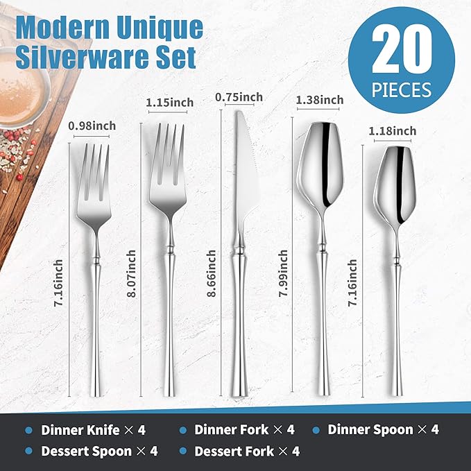 Lemeya 20-Piece Silverware Set for 4,Modern 18/10 Stainless Steel Flatware Set,Unique Rustic Cutlery Utensils Set,Spoon and Fork Set for Home, Restaurant,Wedding,Mirror Polished,Dishwasher Safe