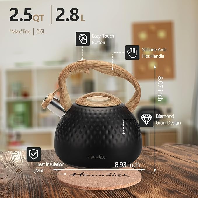 harriet Tea Kettle, Tea Pot for Stovetop, 2.5QT Whistling Kettle with 5-Layers bottom, Food Grade Stainless Steel Kettles with Hot-Resistant Handle Gas Electric Applicable, Black