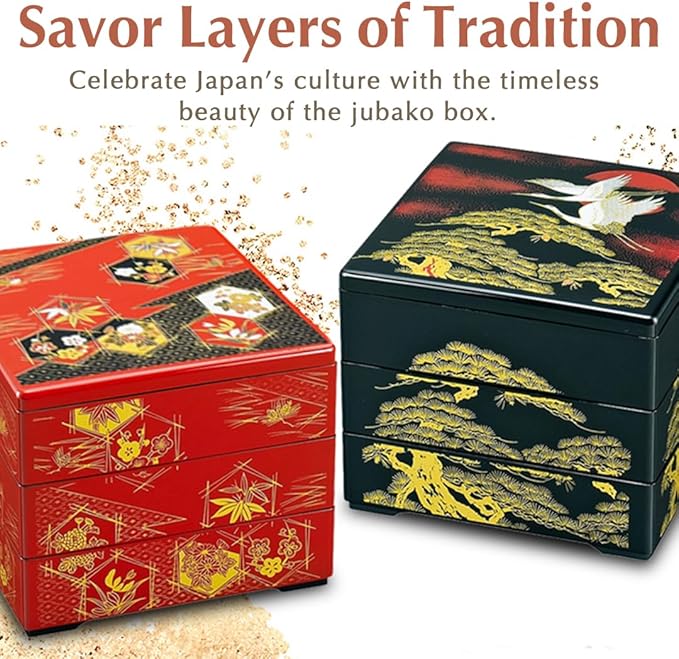 TIKUSAN Lacquer Bento Box Container Japanese Traditional 3 Tiers Stack Box Jubako Osechi Made in Japan (Red)