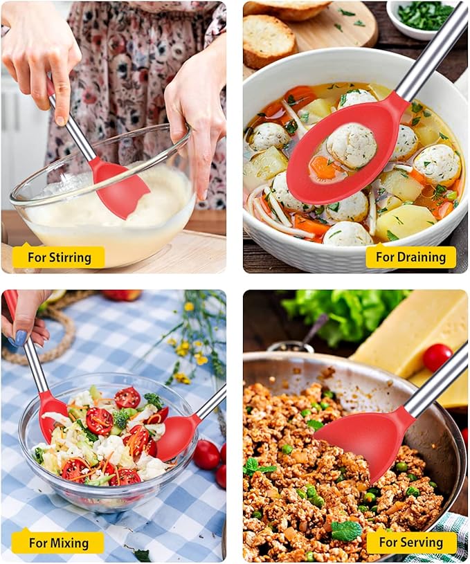 Pack of 2 Large Silicone Cooking Spoons,Non Stick Solid Basting Spoon,Heat-Resistant Kitchen Utensils for Mixing,Serving,Draining,Stirring (RED)