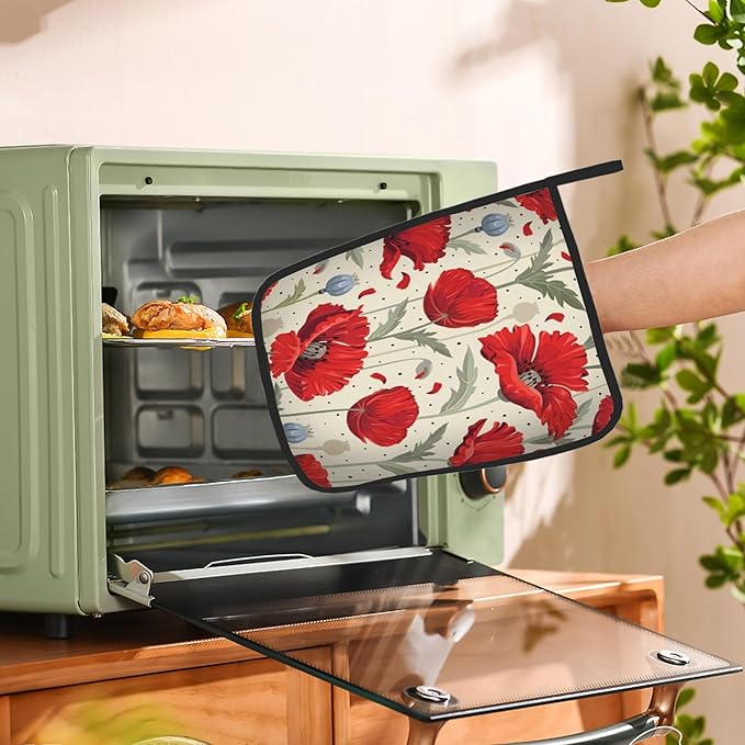 Red Poppy Flowers Pot Holders Set of 2 Heat Resistant Potholders,Fire Oven Hot Pads for Kitchen Cooking Baking Barbecue