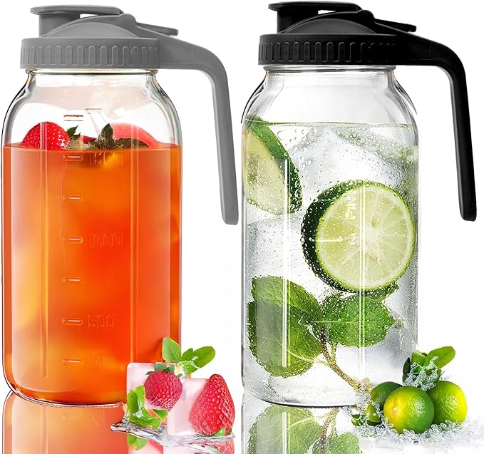 2 Pack Glass Mason Jar Pitcher - 64 oz/2 Quart Wide Mouth Jug with Lid and Pour Spout, Airtight Seal, Leak Proof Iced Tea Pitcher for Sun Tea, Juice, Breast Milk, Cold Beverages, Coffe