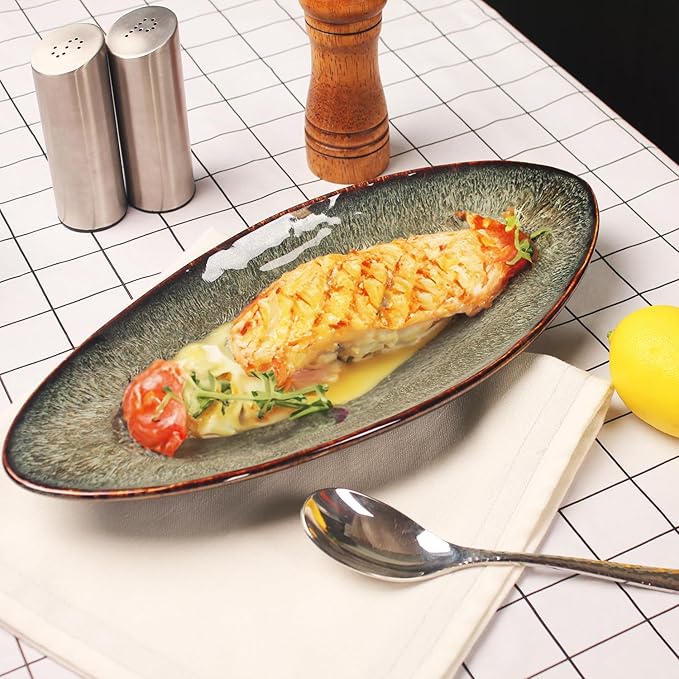 Ceramic Dinner Plates Set of 4, for Bread, Pasta, Salad, sushi - Microwave, Oven and Dishwasher Safe, Scratch Resistant durable Black reactive glaze