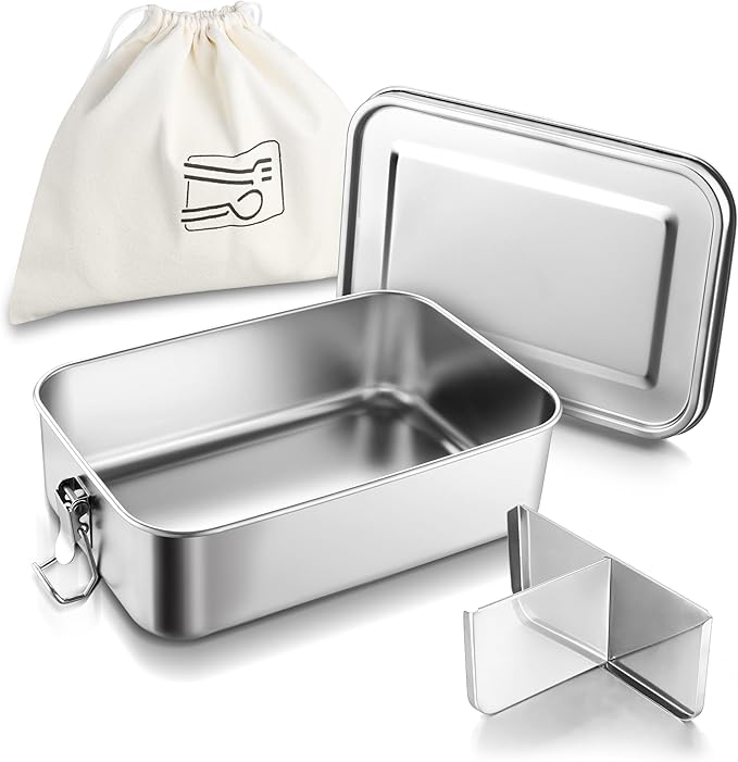 HaWare Stainless Steel Bento Box, 29oz (850ML) Leak-Proof Lunch Box for Kids Adults, 3 Compartments Food Containers with Removable Dividers and Bag, Metal Lunch Containers for Snack Meal Sandwich