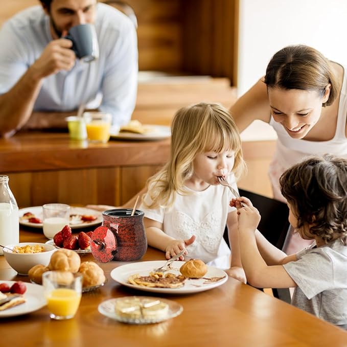Hasense 12-Ounce Honey Jar with Lid and Wooden Dipper, Ceramic Honey-Dipper Stick and Jar Set, Red Small Honey-Container for Holiday Gift, Dishwasher Safe