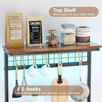 Furologee Bakers Rack with Power Outlet and LED Light, Small Microwave Stand with 4 Tier Shelves, Coffee Bar Station Table with 6 S Hooks, Kitchen Storage Rack for Spices, Pots, Rustic Brown