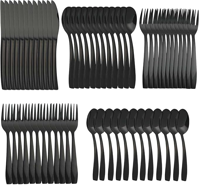 Black 60 Piece Silverware Set,Stainless Steel Flatware Set for 12,18/0 Rust-Proof Cutlery Set with Forks & Spoons,Mirror Polished Dishwasher Safe - Heavy Duty Tableware for Home & Dining
