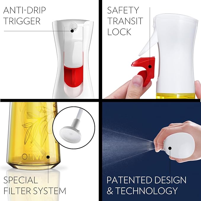 FLAIROSOL OLIVIA Oil Sprayer for Cooking, 200ml Glass Olive Oil Sprayer, Continuous Cooking Spray Bottle with Portion Control, Olive Oil Dispenser for Kitchen, Air Fryer, Salad, BBQ (Golden Leaves)