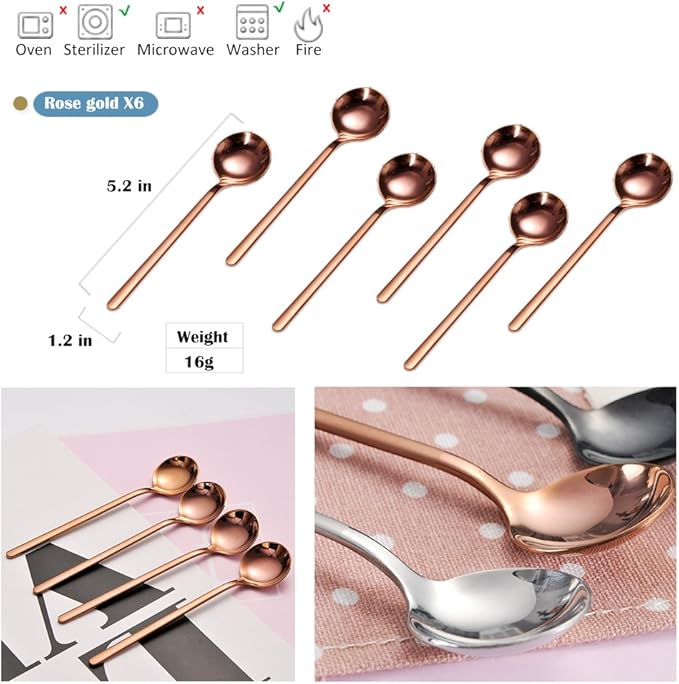 Sweejar Rose Gold 12 Pcs Mini Tea & Espresso Spoons, 5.2 Inch, Stainless Steel, Cappuccino & Dessert Spoons, Frosted Handle