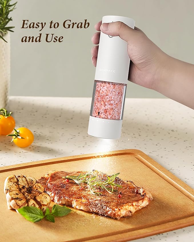 Electric Salt and Pepper Grinder Set - Automatic Refillable Salt and Pepper Grinders with Charging Base & LED Light, 6-Level Adjustable Coarseness with External Dial, Ideal Kitchen Gadget，Black& White