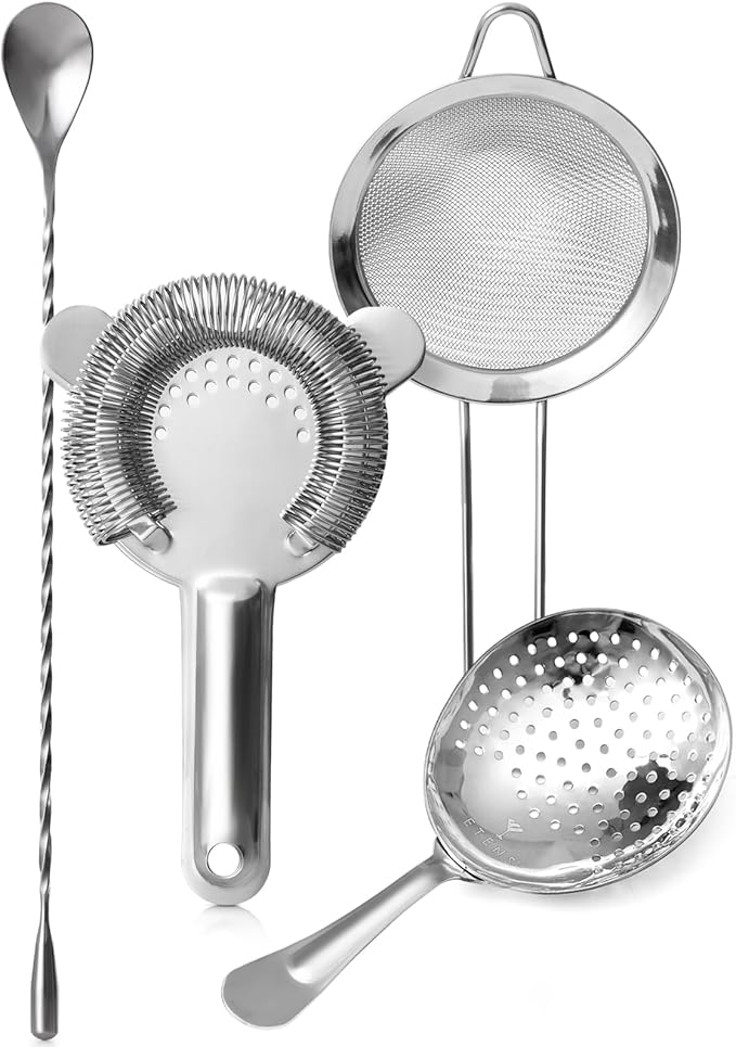 Cocktail Strainer Set – Bar tools Stainless Steel Includes Hawthorne Strainer, Julep & Fine Mesh Cocktail Strainers, Mixing Spoon – Drink Shaker Strainer for Bartending
