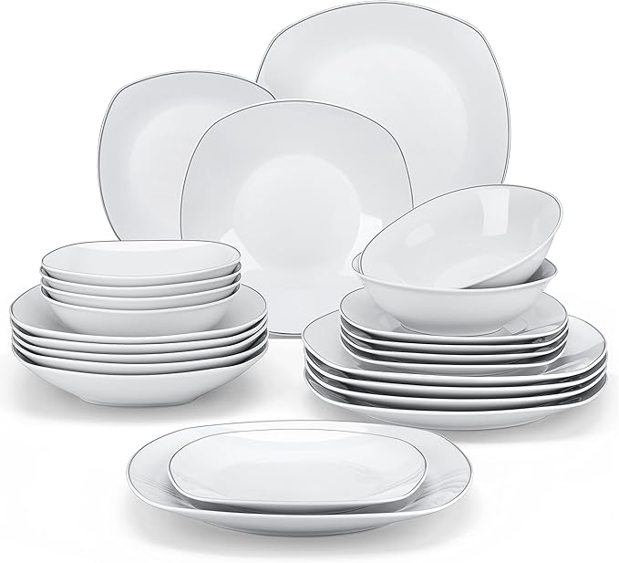 MALACASA Dinnerware Sets, 24 Piece Porcelain Square Dishes, White with Silver Rim Plates and Bowls Sets, Ceramic Dish Set for 6, Chip Resistant Dishware Sets, Series ELISA