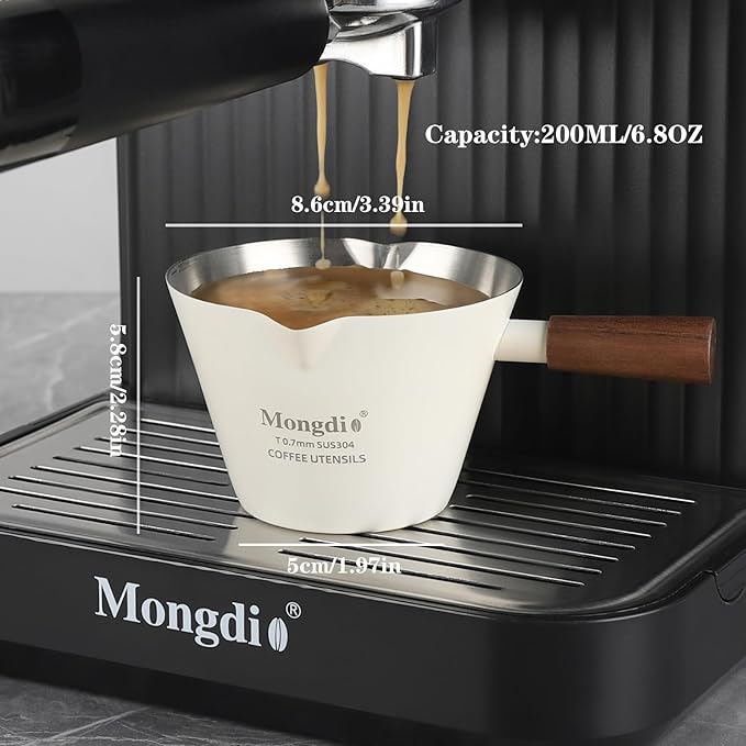 Mongdio Espresso Measuring Cup, Stainless Steel Espresso Shot Cups with Wooden Handle and Double Spouts, 6.8OZ/200ML, White