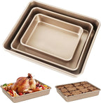Deep Baking Pans Set, 3-Pieces Rectangle Cake Pan, Nonstick Roasting Pans Set for Thanksgiving Christmas, 9/11/13 Inch, Toaster Oven Tray Bakeware Set, Lasagna Pan Deep Size, Heavy Duty, Gold