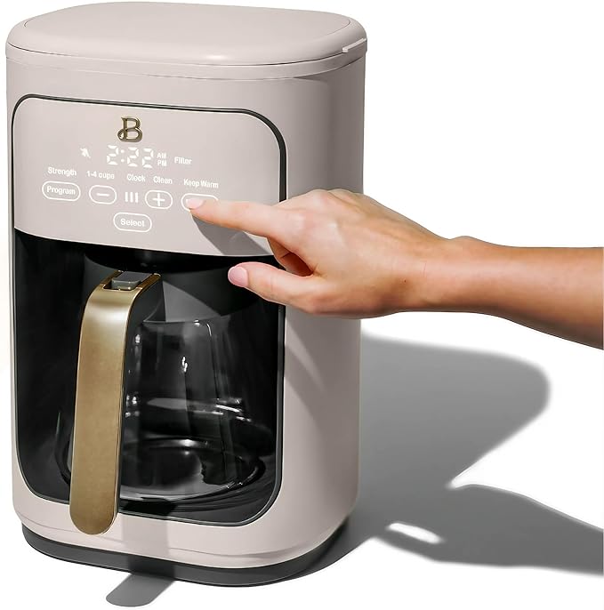 Beautiful by Drew Barrymore 14-Cup Programmable Drip Coffee Maker, Touch-Activated Display, Fast 14-Min Brew, Bold Strength, Keep Warm 4 H, Gold Filter (Porcini Taupe)