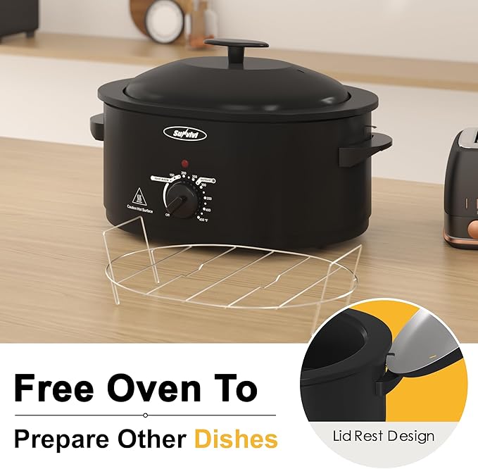 Sunvivi 8-Quart Roaster Oven with Self-Basting Lid, Electric Turkey Roaster Oven with Removable Pan and Rack, Stainless Steel, Black