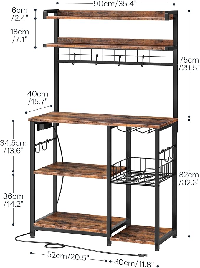 HOOBRO Bakers Rack with Power Outlet, 5 Tiers Coffee Bar with LED Light, Microwave Stand with Wire Basket & Wine Holders, Kitchen Storage Shelf with 6 S-Shaped Hooks, Rustic Brown and Black BF21UDHB01