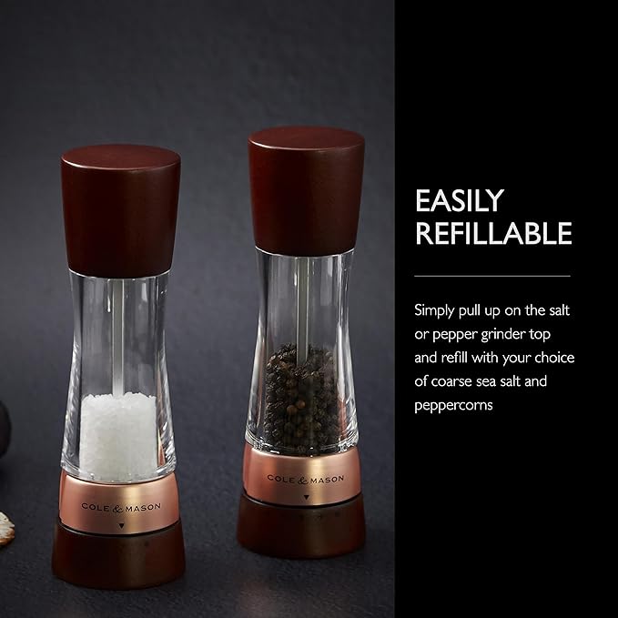 Cole & Mason Derwent Salt & Pepper Mill Gift Set - Salt & Pepper Shaker & Grinder with Adjustable Coarseness - Gourmet Precision Mill Set - Stainless Steel & Acrylic Grinders - Rose Gold