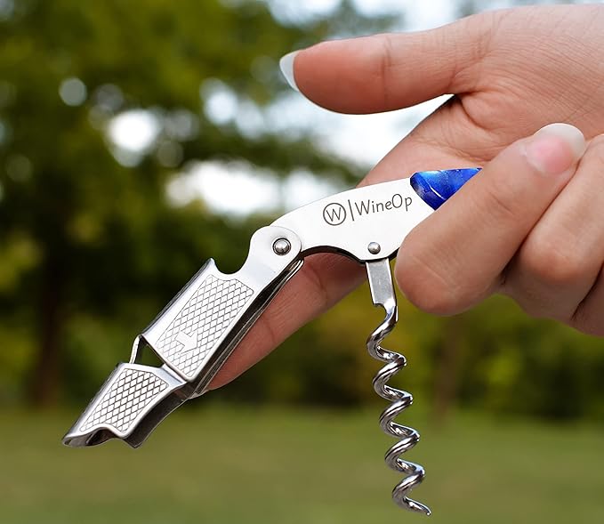 WineOp Professional Wine Opener Luxury Double Hinged Waiter's Corkscrew Wine Bottle Key - Cork screwer for Servers, Bartenders, Sommelier and Home Use | All-In-One Stainless Steel (Blue Resin)