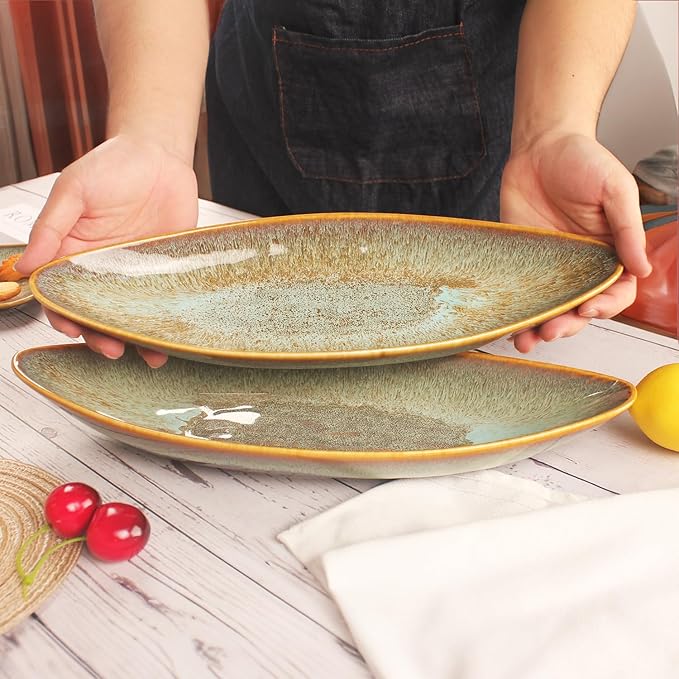 Serving Platter Olives Plate Large Tray Set of 4, For Entertaining Porcelain Trays, Salad, Appetizer, Pasta,Microwave, ovens dishwashers Safe,Brown reactive glaze 15.4 Inch
