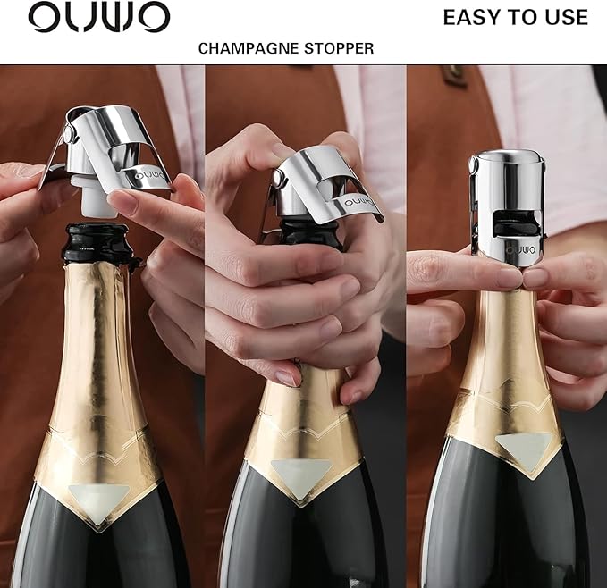 Champagne Stopper 6 Pack Stainless Steel Champagne Save with Food Grade Silicone，Leak-Proof Bubble Retaining Saver，Suitable for Champagne Prosecco Cava and Sparkling (Silver)