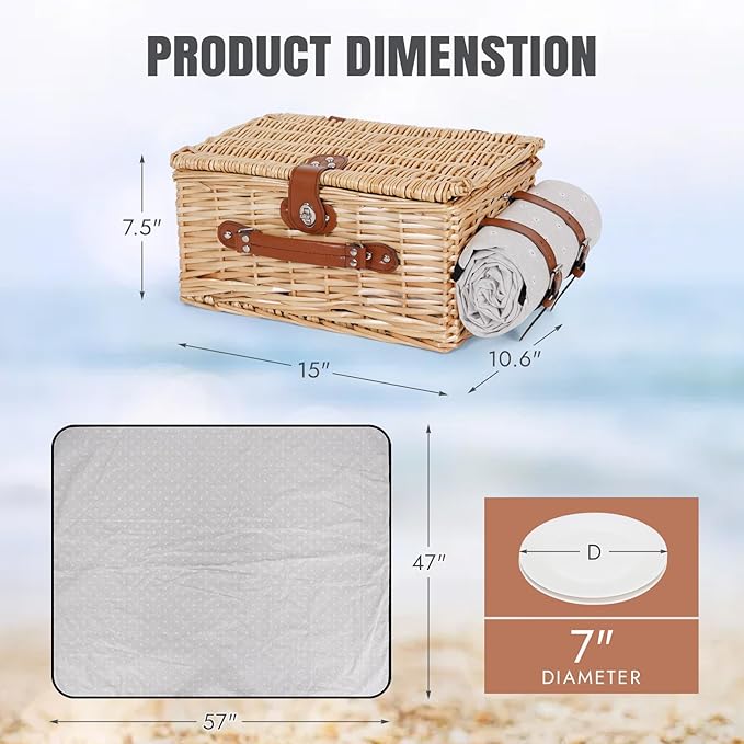 HappyPicnic Picnic Basket Set for 2 - Wicker Picnic Basket with Waterproof Blanket & Insulated Liner, Large Handmade Willow Hamper with Cutlery Kit for Outdoor, Picnic, Camping, Holidays (Flower)