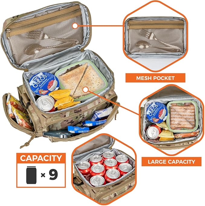 opux Tactical Lunch Box for Men, Camo Mens Insulated Lunch Bag for Adult, Leakproof Soft Lunch Cooler with MOLLE Mesh Side Pockets, Multicam Heavy Duty Lunchbox Pail for Work Women, Medium 10 Cans