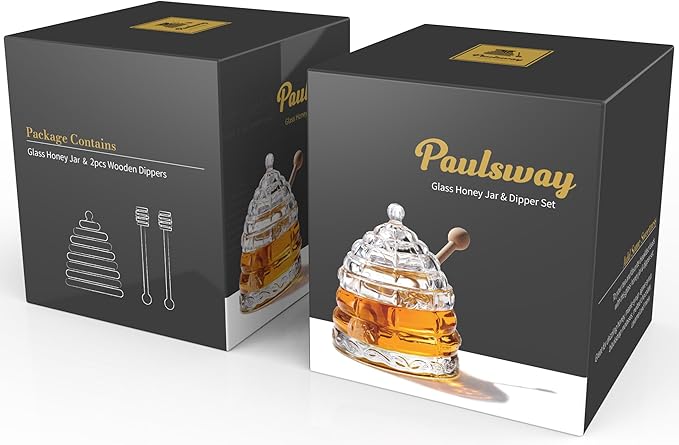 Honey Dispenser Jar with 2 Dippers – 9 OZ Elegant Glass Storage with Superior Drizzle Control & Durable Lid