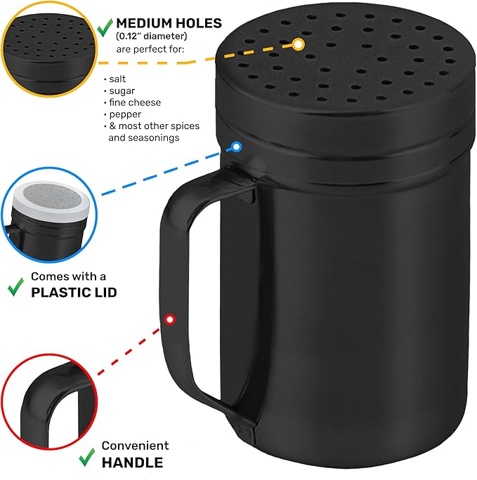 CUSINIUM 14oz Black Stainless Steel Salt Pepper Dredge Shakers - With Plastic Cap - With Handle - Pack of 2