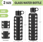 MUKOKO Glass Water Bottles, 32oz Glass Tumbler, Drinking Bottles with 2 Lids-Handle Flip Straw Lid&Bamboo Lid, Motivational Water Bottle with Time Marker and Silicone Sleeve, Leakproof-1 Pack-Black