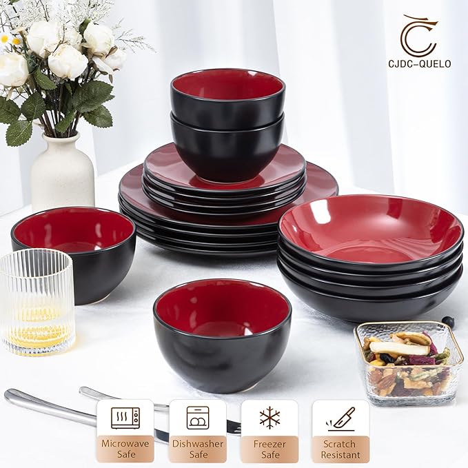 Plates and Bowls Sets for 4 - CJDC-QUELO 16-Piece Stoneware Dinnerware Sets, Ceramic Dishware Set for Indoor Kitchen Use and Formal Dining, Chip and Scratch Resistant Microwave Dishwasher Safe, Red
