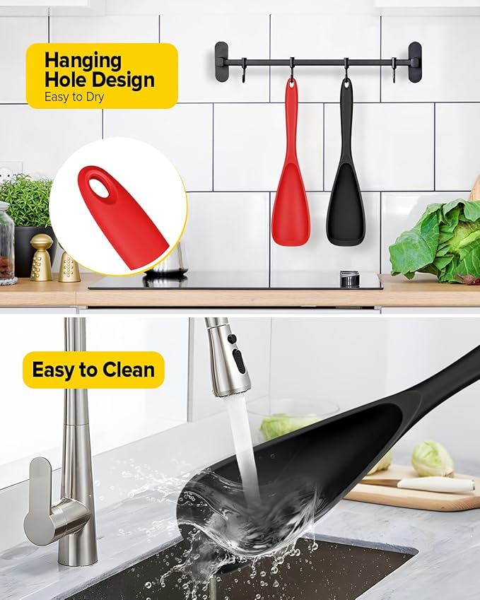 Pack of 2 Cooking Spoons for Non Stick Cookware, Multifunction Spatula Spoon BPA-Free, One-Piece Design, Suitable for Scooping, Scraping, Serving and Mixing(BLACK-RED)