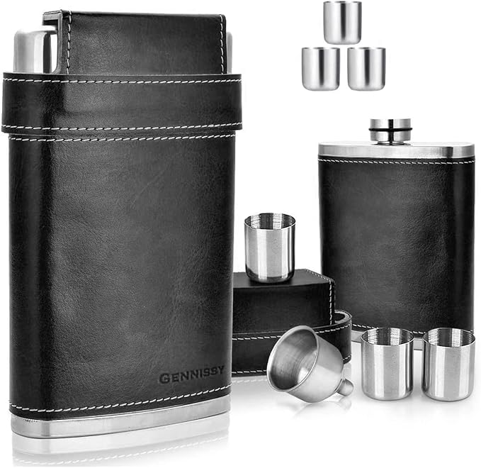 GENNISSY 18/8 Stainless Steel 8oz Flask - Americal Flag Black Leather with 3 Cups and Funnel 100% Leak Proof(Black Without US Flag)