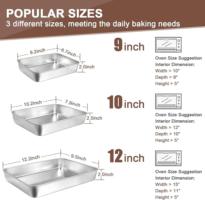 Baking Pans Set of 3, Commercial Grade Stainless Steel Cookie Pan for Baking, 12/10/9 Inch, Rectangle Bakeware Set for Cakes Breads Lasagna Casseroles, Rust & Warp Resistant & Nonstick, Heavy Duty
