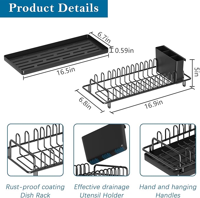 Compact Dish Rack Sink Drying Rack with Silicone Mat, Stainless Steel Dish Drainer for Kitchen Sink Cabinet, Kitchen Sink Rack,Dish Holder, Black