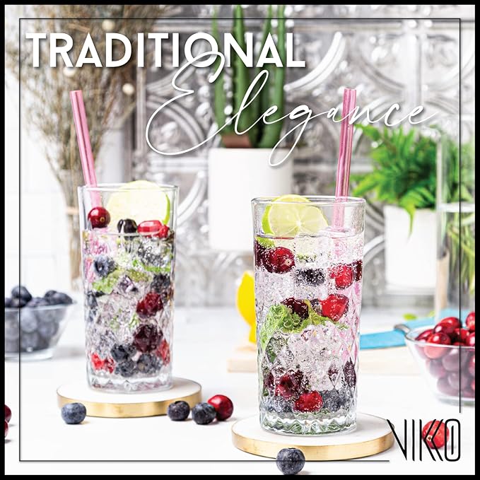 Vikko Drinking Glass, Set of 12 Crystal Style Tall Beverage Glasses, 12.25 Ounce Old Fashioned Highball Glasses, Dishwasher Safe Textured Collins Glass