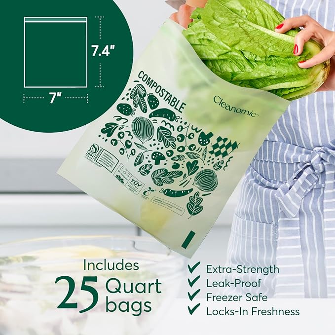 Cleanomic Compostable* Quart Size Food Storage Bags (25 Eco Zip) Freezer and Leak Proof, Also Available Gallon, Snack and Sandwich Size Bags