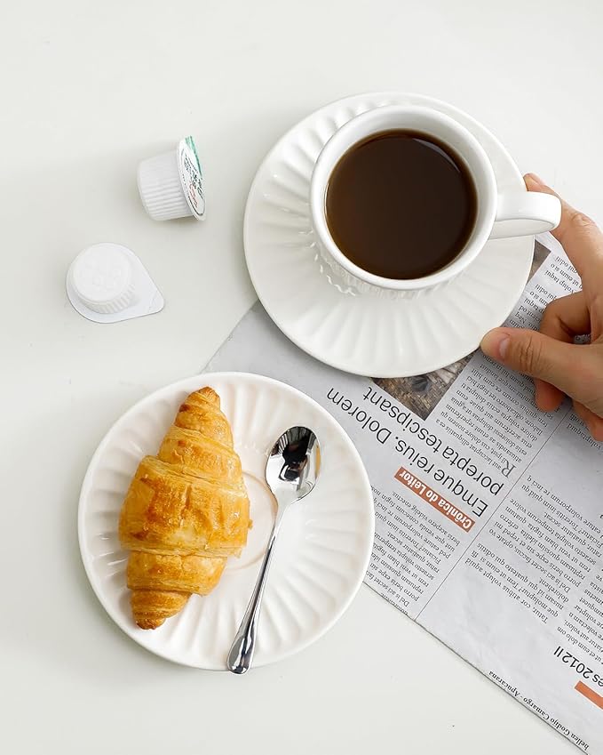 Hasense 6 Oz Cappuccino Cups with Saucers Ceramic, Ribbed Espresso Cups Set of 4 for Coffee,Tea,Latte and Macchiato, Aesthetic Gift for Anniversary or Holiday, Mix-Color