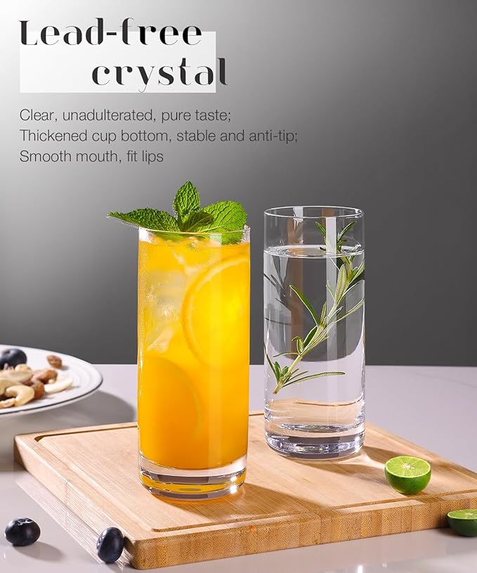 LUNA & MANTHA Drinking Glasses Set of 6, 12 OZ Highball Glasses, Lead-Free Crystal Water Glassware, Tall Glass Cups for Cocktail, Mojito, Iced Tea, Bar Glassware