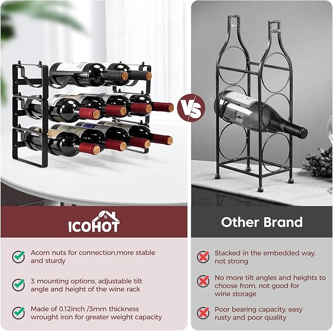 Stackable Wine Rack Countertop, Sturdy Bottle Holder Freestanding for Cabinet, 3 Tier Small Tabletop Wine Holder Stand, Wire Bottle Rack Metal Storage Organizers